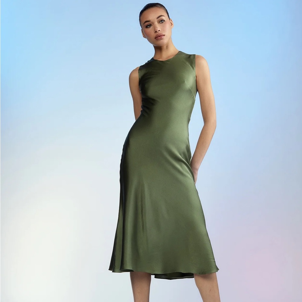 CYNTHIA ROWLEY SILK SATIN SLEEVELESS MIDI DRESS